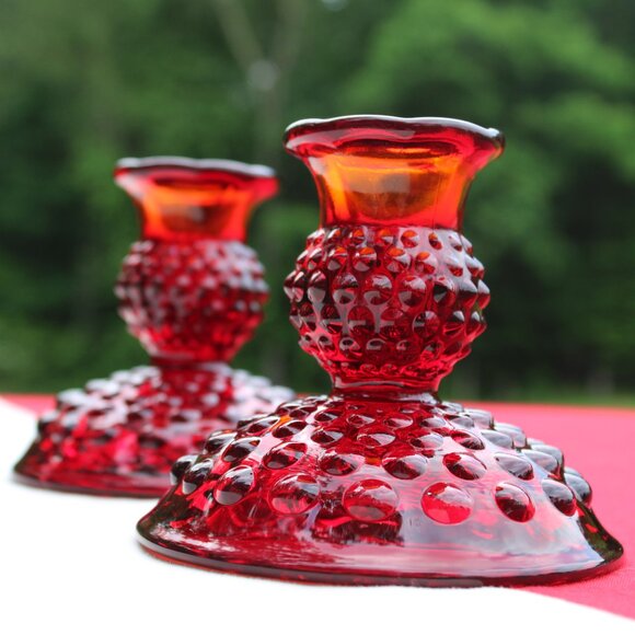 Fenton Ruby Hobnail Candle Holders - Picture 1 of 5